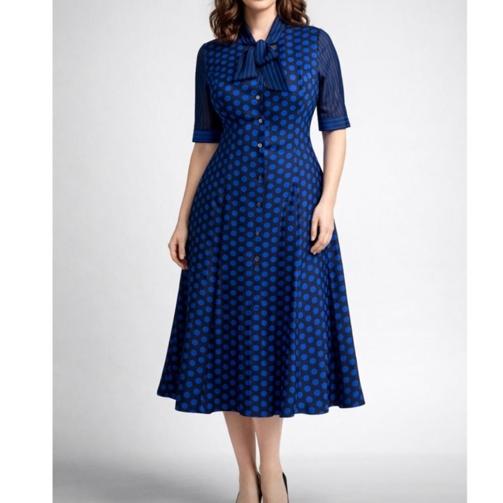 J. Peterman 100% Silk Dress 22 Blue Polkadot Stripe Mix Classic Career Timeless